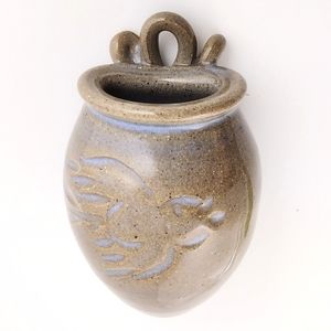 Small Art Pottery Wall Pocket Vase with Peace Dove Bird, Blue Glaze 5 3/4 inch